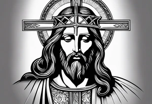 relegious sleeve with jesus and a cross with a bible verse tattoo idea