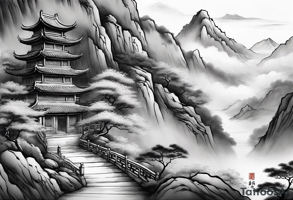 forearm sleeve traditional chinese art painting style autumn mountains mist fog water Chinese temple 2 male monks wearing robes seated drinking tea tattoo idea