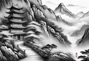 forearm sleeve traditional chinese art painting style autumn mountains mist fog water Chinese temple 2 male monks wearing robes seated drinking tea tattoo idea