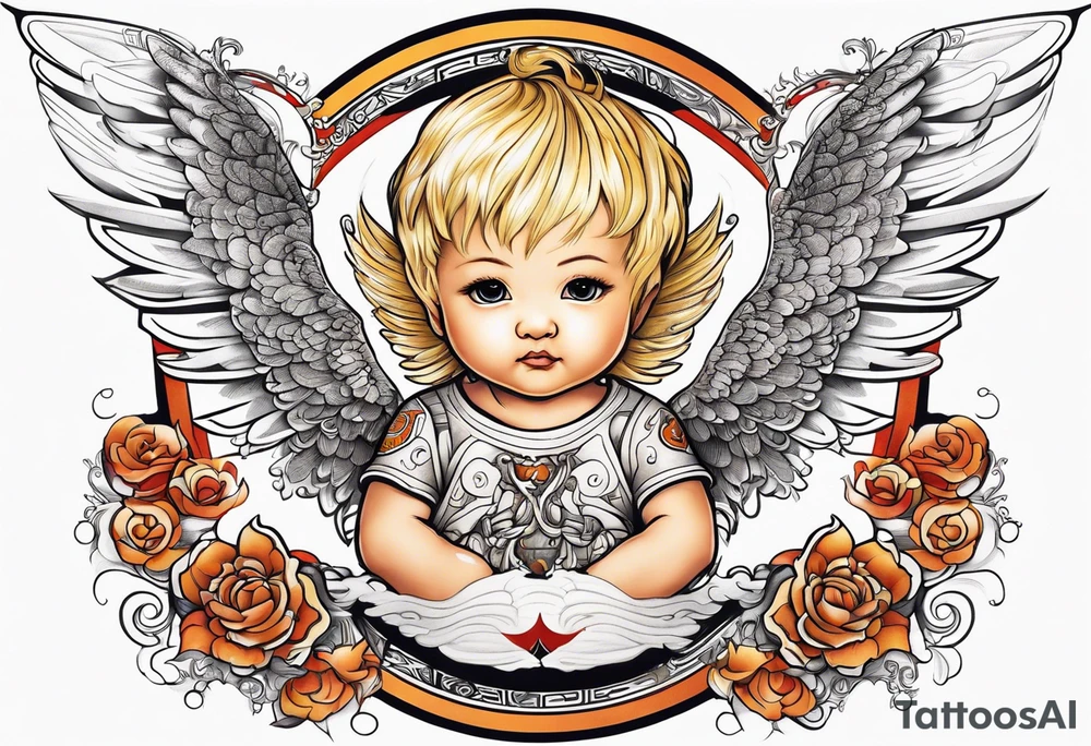 white, blonde cherub with harley davidson wings tattoo idea