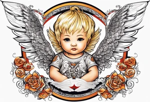 white, blonde cherub with harley davidson wings tattoo idea