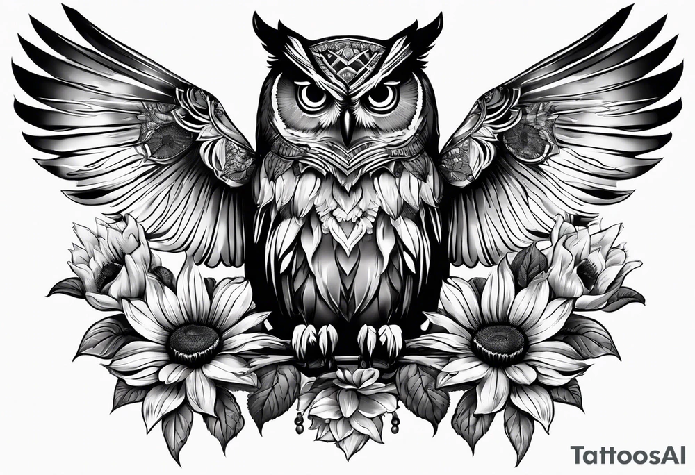 Sleeve with an owl, sunflower and butterfly tattoo idea