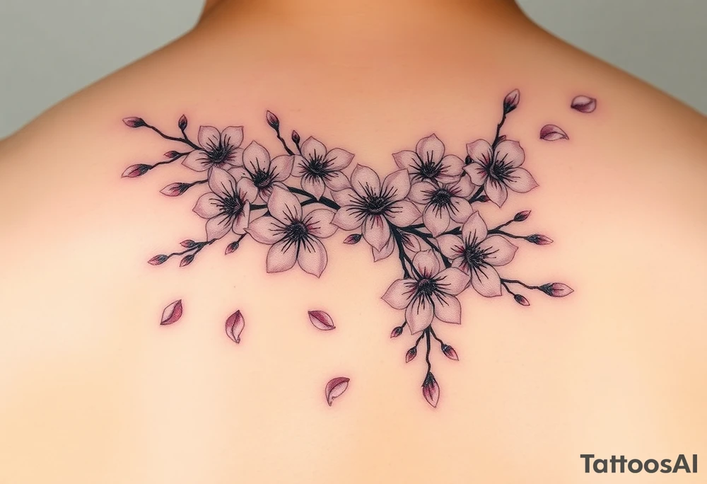 delicate cherry blossoms swirling in spring breeze with petals tattoo idea