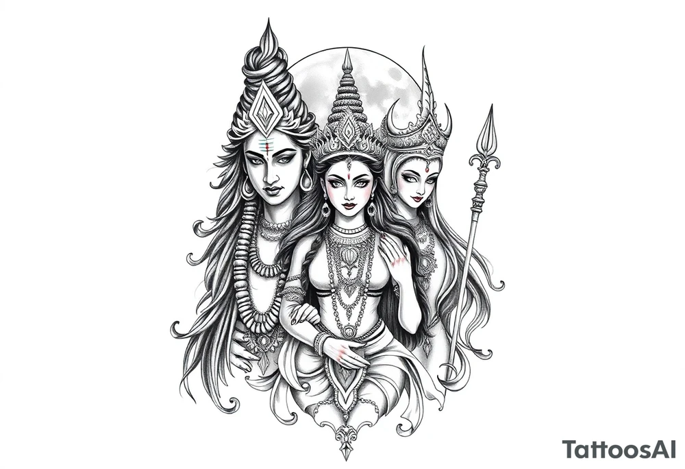 Lord Shiva, Godess Kali, Godess Lilith Together with the moon in the background tattoo idea