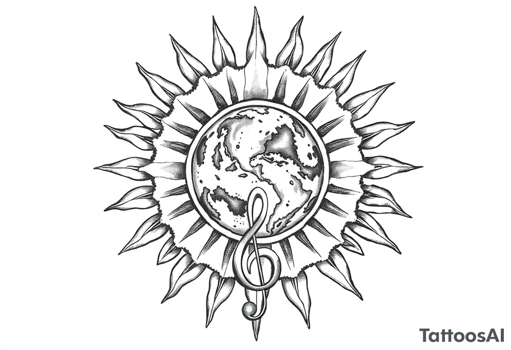 sun system of the universe with earth and a clef for my love to music, tattoo idea