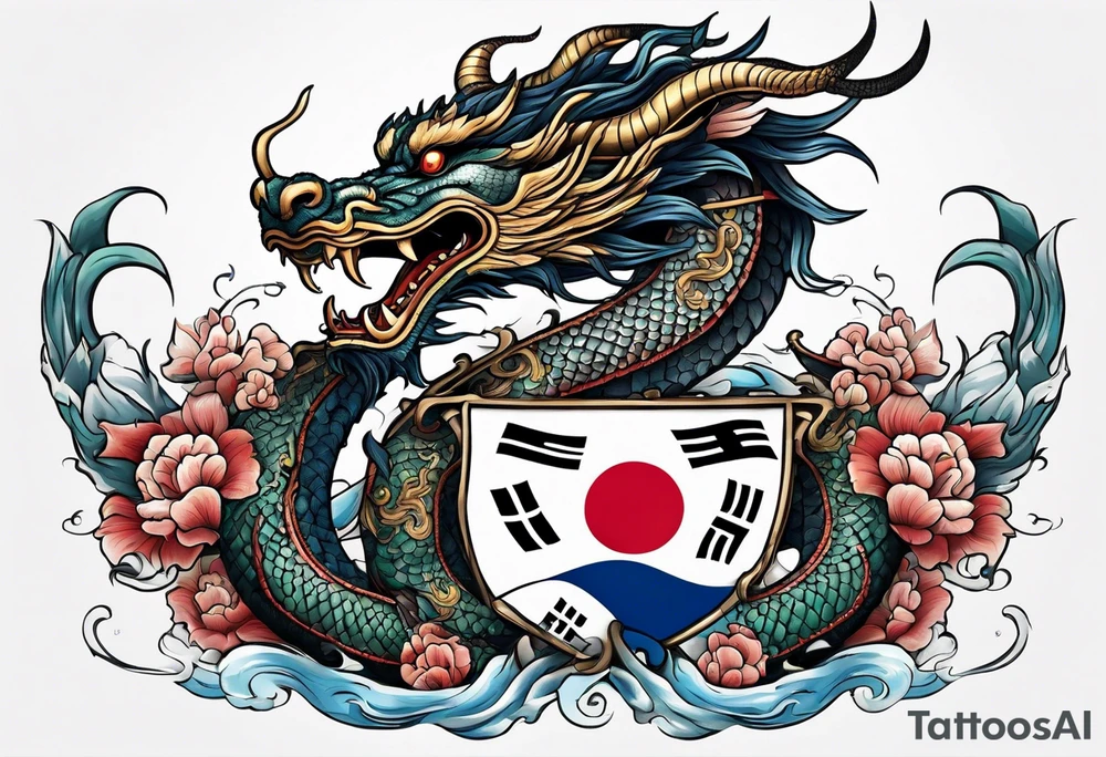 Asian dragon coiling around an anchor centered on the Korean flag tattoo idea