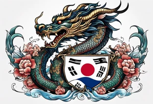 Asian dragon coiling around an anchor centered on the Korean flag tattoo idea