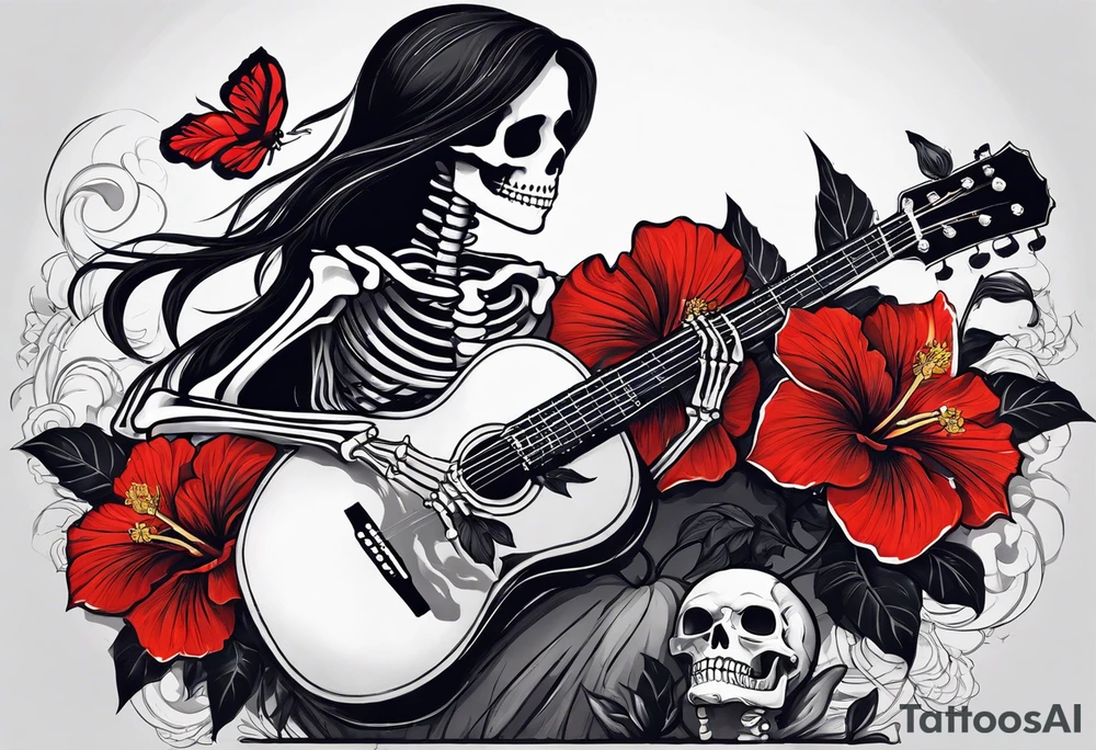 a female skeleton holding a hibiscus flower and a male skeleton playing a guitar. The scene should capture a moment of connection between the two, with the female skeleton attentively listening to the music played by the male skeleton. tattoo idea