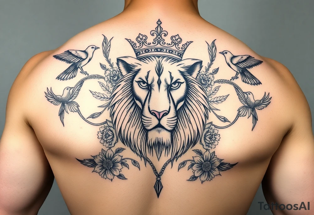 powerful majestic lion with a crown, surrounded by floral ornaments and birds tattoo idea