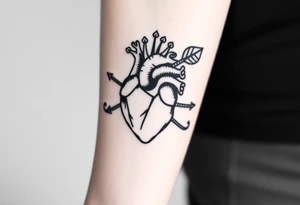 anatomical heart pierced by ornate arrow with flowing ribbons tattoo idea