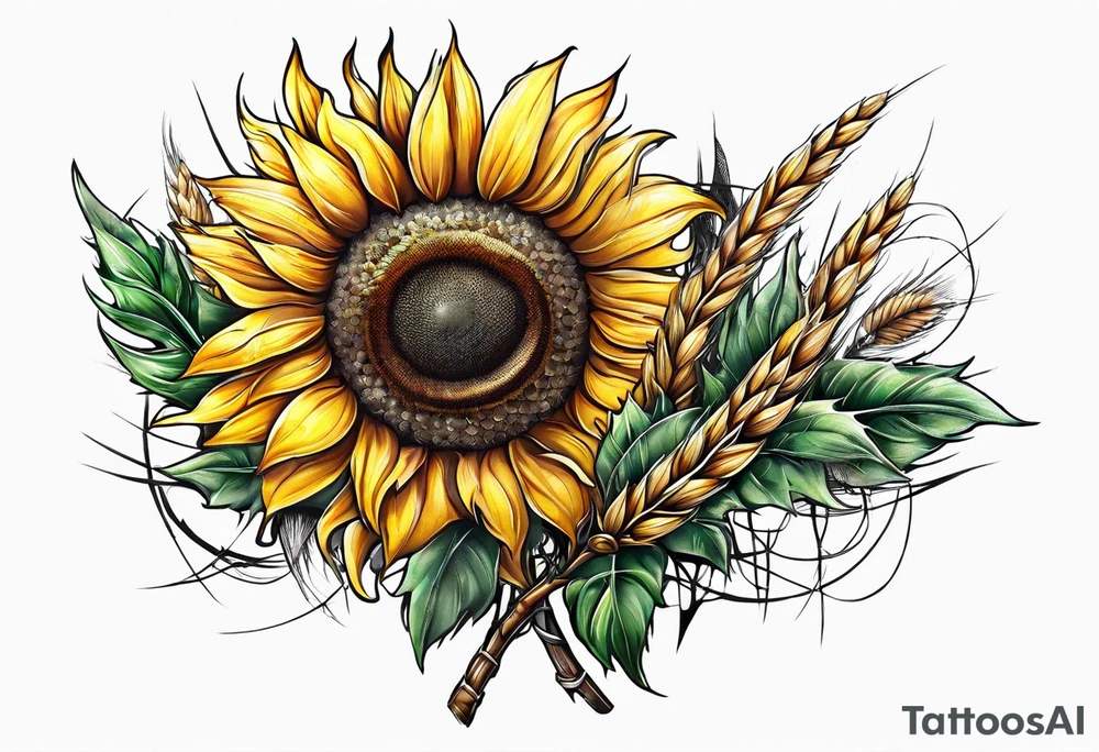 Sunflower, wheat, and barbed wire half sleeve tattoo idea