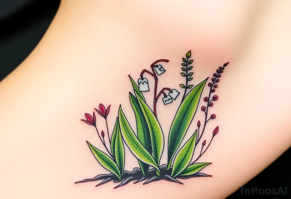 Small White lily in the valley bells growing next to other different colored lilie plants planted 
Under a blooming hawthorn tree tattoo idea