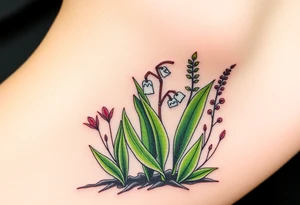 Small White lily in the valley bells growing next to other different colored lilie plants planted 
Under a blooming hawthorn tree tattoo idea