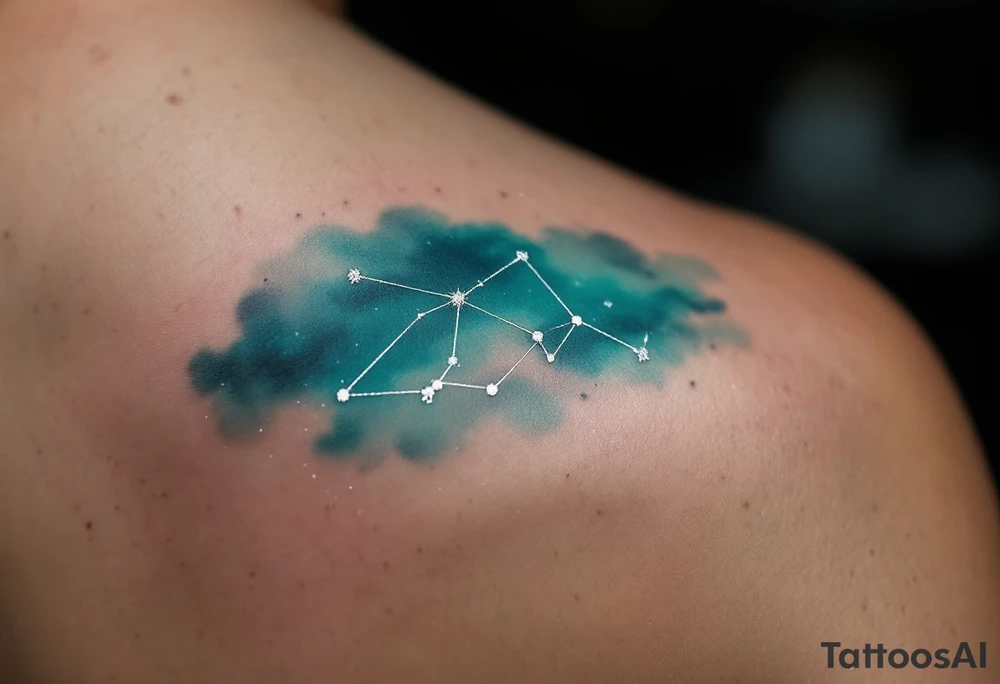 A fine-line Capricorn constellation in shimmering silver ink stretches across a gradient teal background. tattoo idea