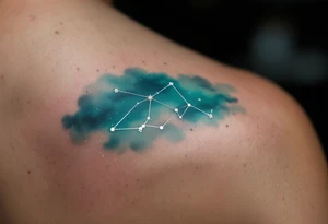 A fine-line Capricorn constellation in shimmering silver ink stretches across a gradient teal background. tattoo idea
