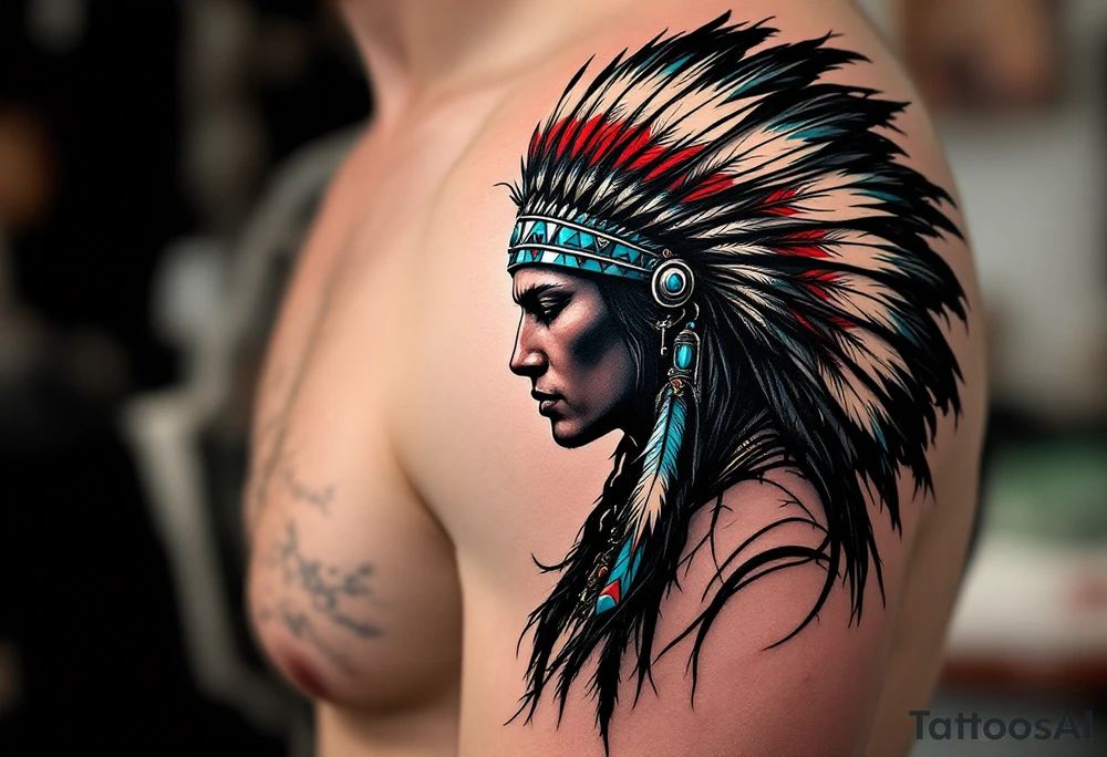 A warrior silhouette in black, wearing a feathered headdress with red, white, and turquoise accents. tattoo idea