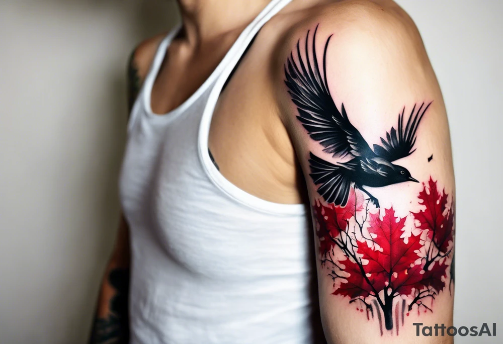 trash polka style. Arm tattoo. chest tattoo. Long tattoo. large tattoo. Full sleeve. Shoulder. A single large maple tree with red autumn leaves that branches upwards from wrist to shoulder. White-throated dipper bird on the trees branches. Calluna flowers at the base of the trees stem. Tree stem has dark colors. Red/yellow sunset behind the trees stem. Leaves falling. tattoo idea