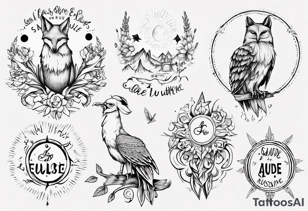 Fuchs und Eule unter der Sonne mit dem Schriftzug Sapere Aude tattoo idea