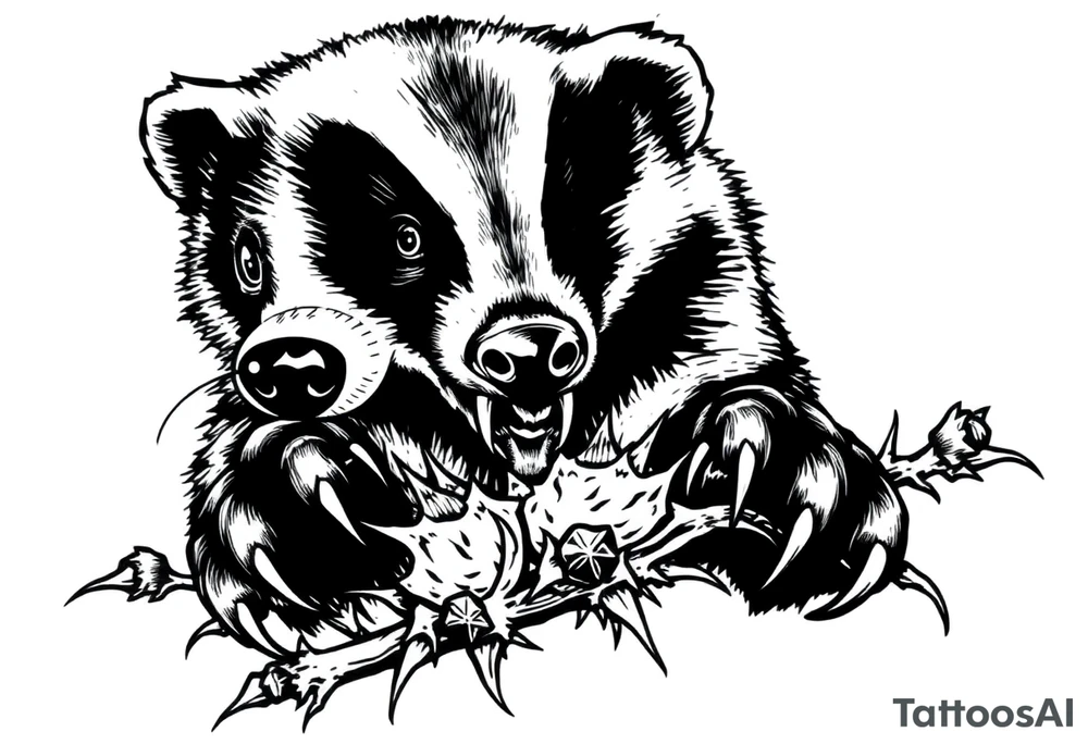 An eye view of a bloodthirsty beekeeper badger showing its claws over a thorny bush tattoo idea