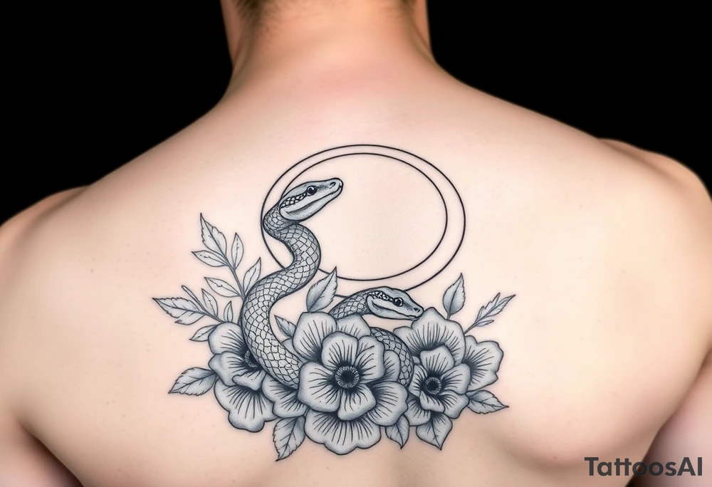 A snake slithering in different flowers with a crescent moon in the background, it should be meant for a shoulder tattoo tattoo idea
