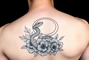 A snake slithering in different flowers with a crescent moon in the background, it should be meant for a shoulder tattoo tattoo idea