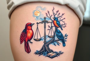 one of the birds red wearing a suit, other bird navy blue with glasses or holding a book, scales of justice built into a tree, starry night painting and mountain background tattoo idea