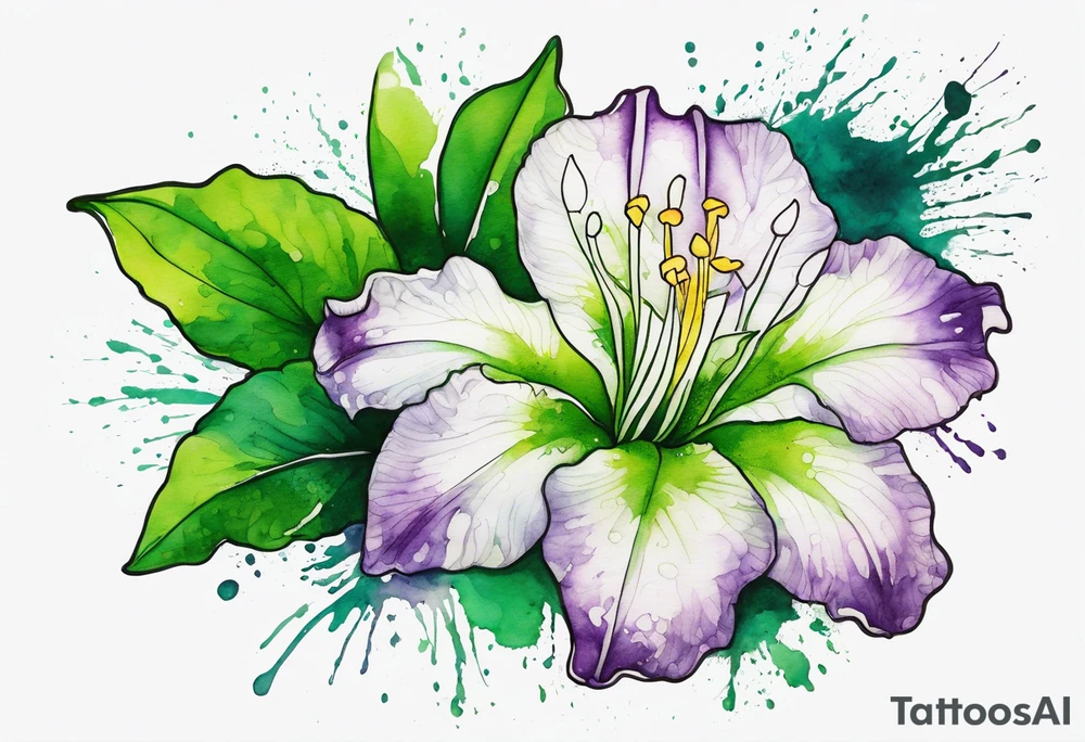 An outline of an only green rio dipladenia flower and a green/purple watercolor splash in the background tattoo idea