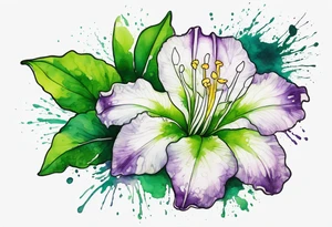 An outline of an only green rio dipladenia flower and a green/purple watercolor splash in the background tattoo idea