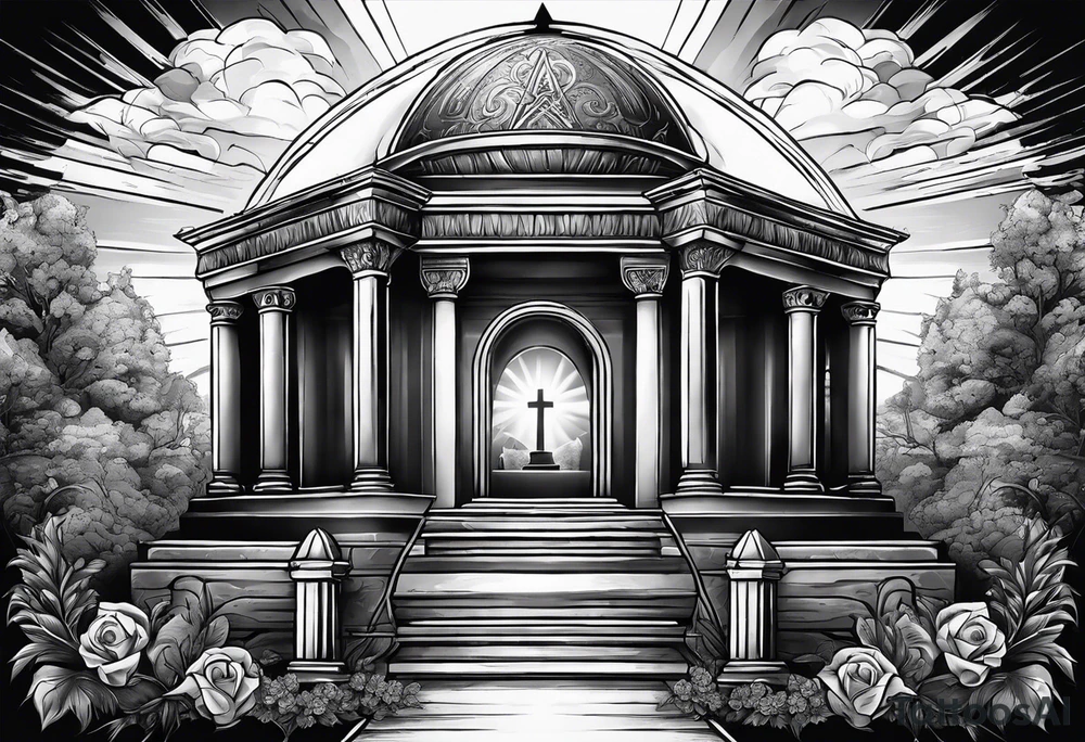 Tomb with cross and sun in the background tattoo idea
