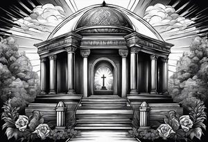 Tomb with cross and sun in the background tattoo idea
