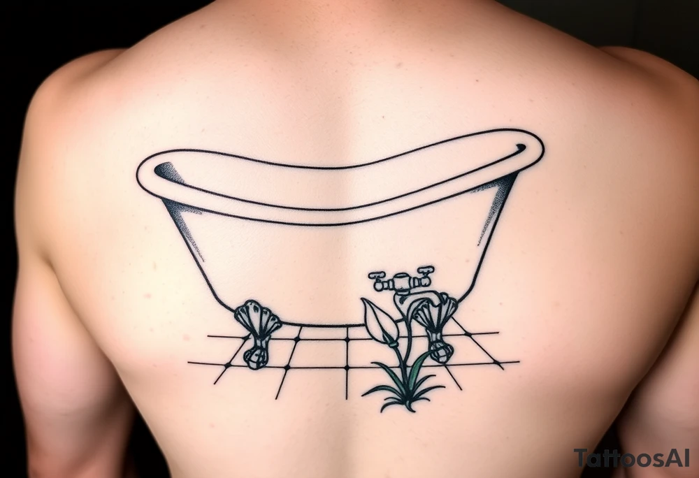 clawfoot bathtub with faucet on a tile floor and lily coming up out the floor tattoo idea