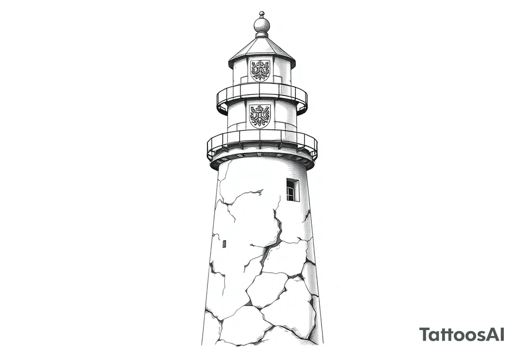 a whole lighthouse with a coat of arms incorporated into the roof tattoo idea