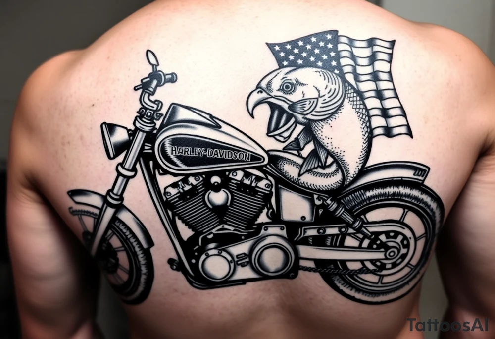Harley Davidson sporter motorcycle with bald eagle American flag and a bass fish tattoo idea