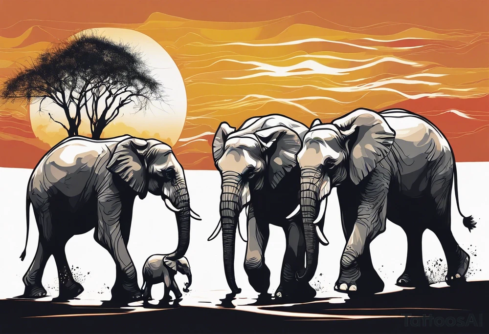 family of 6 elephants walking into sunset after one of them has died tattoo idea