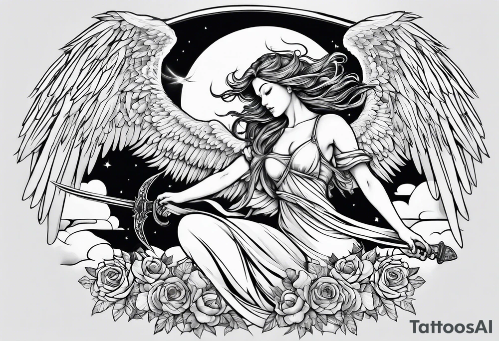 female angel with sword flying in the sky tattoo idea