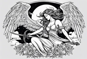 female angel with sword flying in the sky tattoo idea