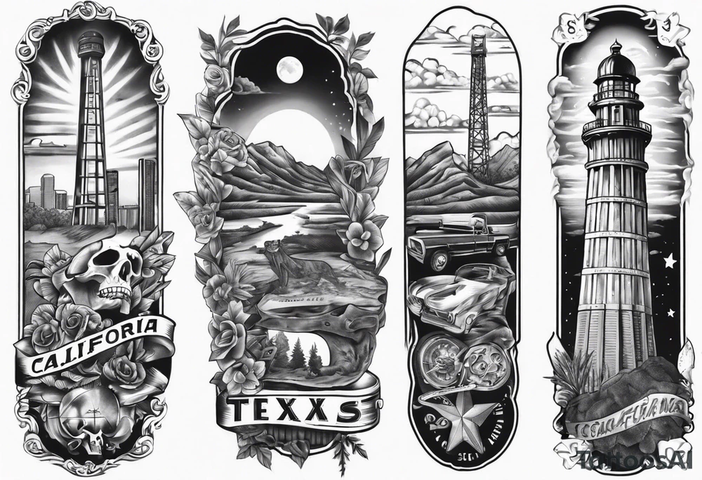 California on top and Texas on bottom theme arm sleeve tattoo idea