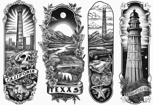 California on top and Texas on bottom theme arm sleeve tattoo idea