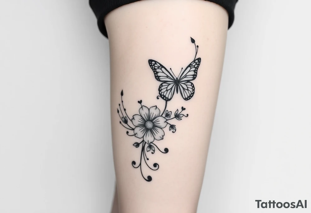 swirl pattern with butterfly and daisy leg tattoo design drawon on leg. i want to sell this in zepeto i want it too be shown on thigh to ankle and be asymmetrical please also show the overall image of total leg too 

ㅁ tattoo idea