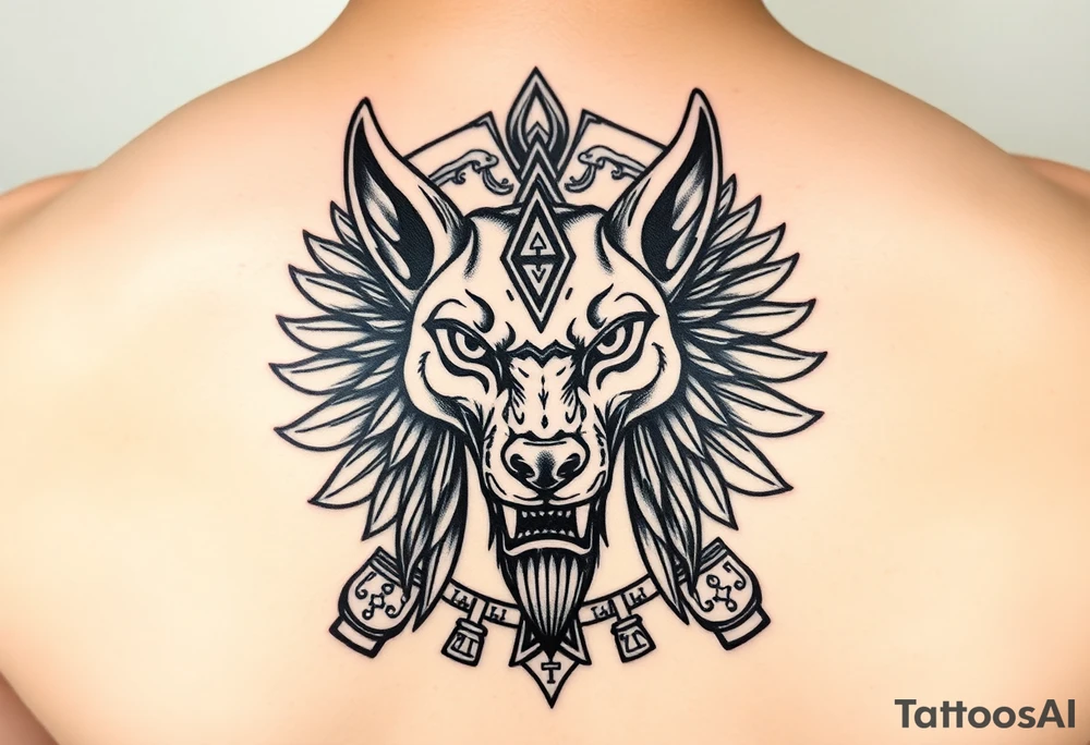 Egyptian Anubis god powerful face muscle in Egypt style dog face surrounded Egyptian symbols based on five elements tattoo idea