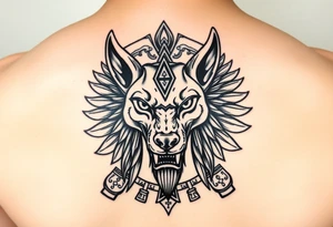Egyptian Anubis god powerful face muscle in Egypt style dog face surrounded Egyptian symbols based on five elements tattoo idea