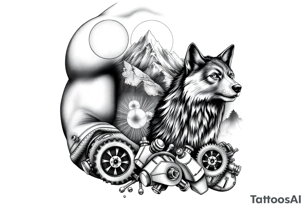 Mountains and wolves as symbols of strength and nature, combined with mechanical details (pistons, gears, rims) that are “hidden” in the landscape.

Black/gray realism with a bit of old-school shading to give a more masculine look tattoo idea