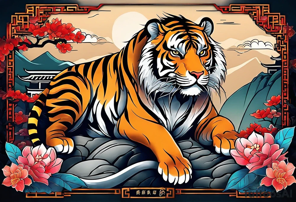 In English:

Create for me a tattoo in the Chinese style featuring a tiger, a rat, a snake, the Great Wall of China, and a temple. tattoo idea