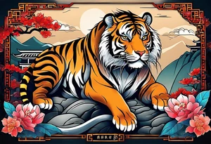 In English:

Create for me a tattoo in the Chinese style featuring a tiger, a rat, a snake, the Great Wall of China, and a temple. tattoo idea