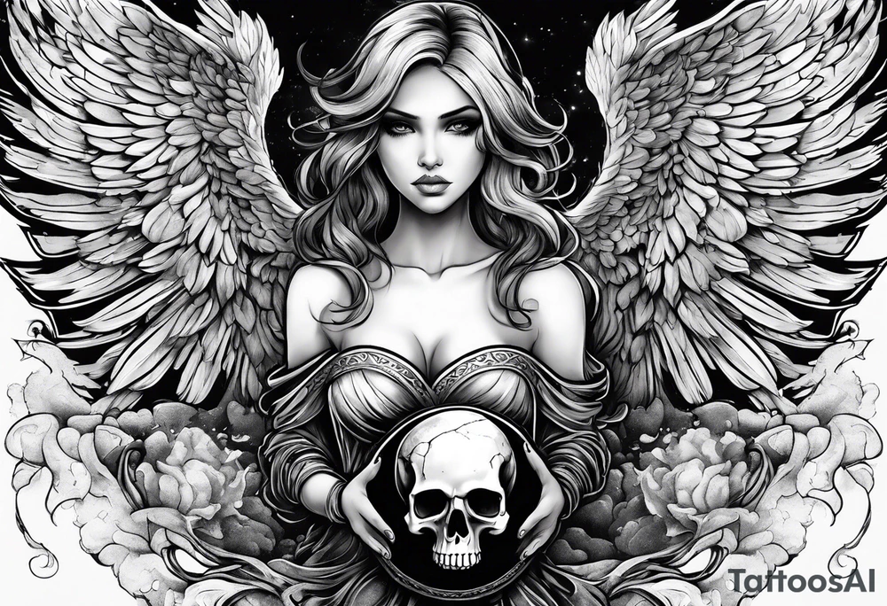 Angel in black holding a skull walking on scorched earth tattoo idea