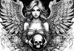 Angel in black holding a skull walking on scorched earth tattoo idea