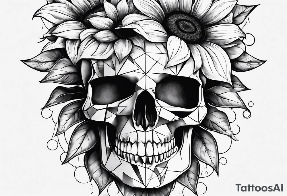 Sunflower, skull, puzzle pieces of face with skin tattoo idea