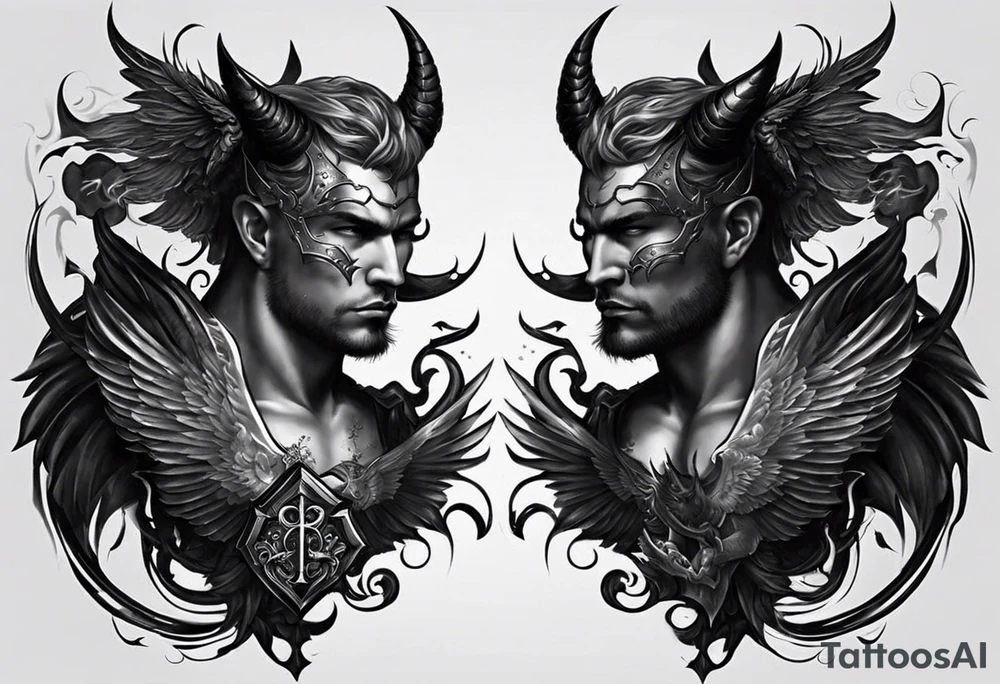 Good vs evil chest piece. On the left side it would be two devils, and on the right there would be two angels. Both sides are in battle, one of the angels has a gun aimed at the devil, while the other angel has a face mask. tattoo idea