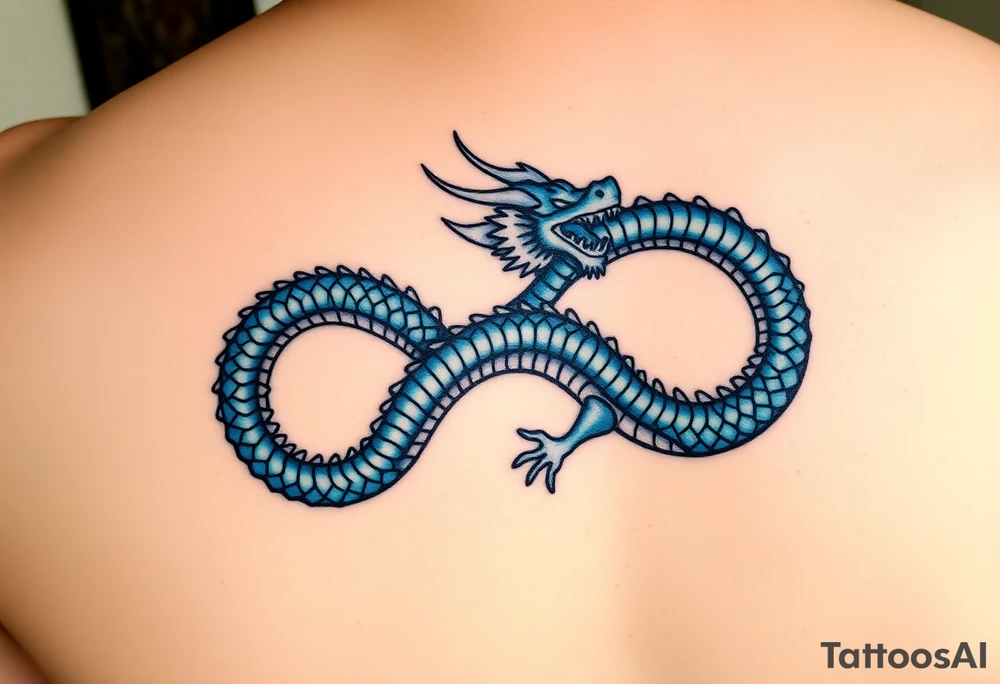 The design features a dragon, coiled in the shape of the infinity symbol (sideways number "8"). The dragon is depicted eating its own tail, symbolizing eternity and continuity, inspired by the Ouroboros.

Details:

The dragon's body has vibrant, glossy blue scales, with a smooth and polished texture.
It maintains a clean, balanced shape in the infinity figure, with sharp details and elegant flow.
Style:

The focus remains on the dragon's form, with no additional background elements to keep the design minimal and modern. tattoo idea
