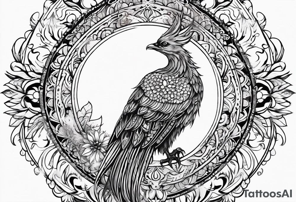 Tribal bohemian feminine impowering Phoenix rising with smoke, mandala sun, floral, lace background tattoo idea